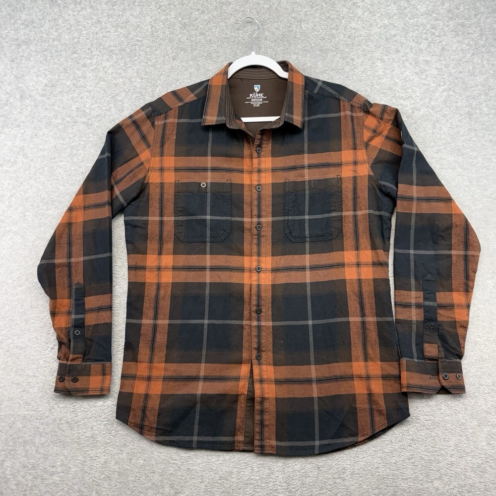 Kuhl Fugitive Flannel Plaid Button Up Hiking Shirt Mens M Orange Brown Medium